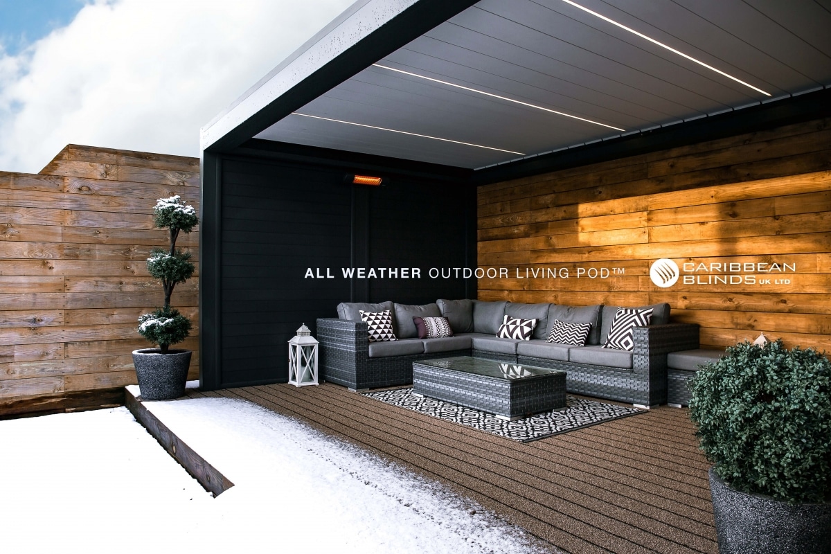 Outdoor Living Pod | Caribbean Blinds | Snow | Warm | Shelter | Winter | Frost