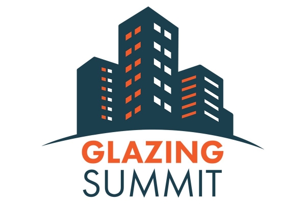 Silhouetted buildings with orange-lit windows stand upright. Below, bold text reads: "GLAZING SUMMIT." The image suggests an urban skyline theme with a conference focus.