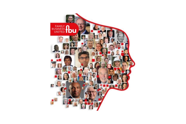 Multitude of faces form a human profile shape; the image includes diverse individuals in a collage. "Family Business United fbu" logo positioned prominently, set against a plain white background.