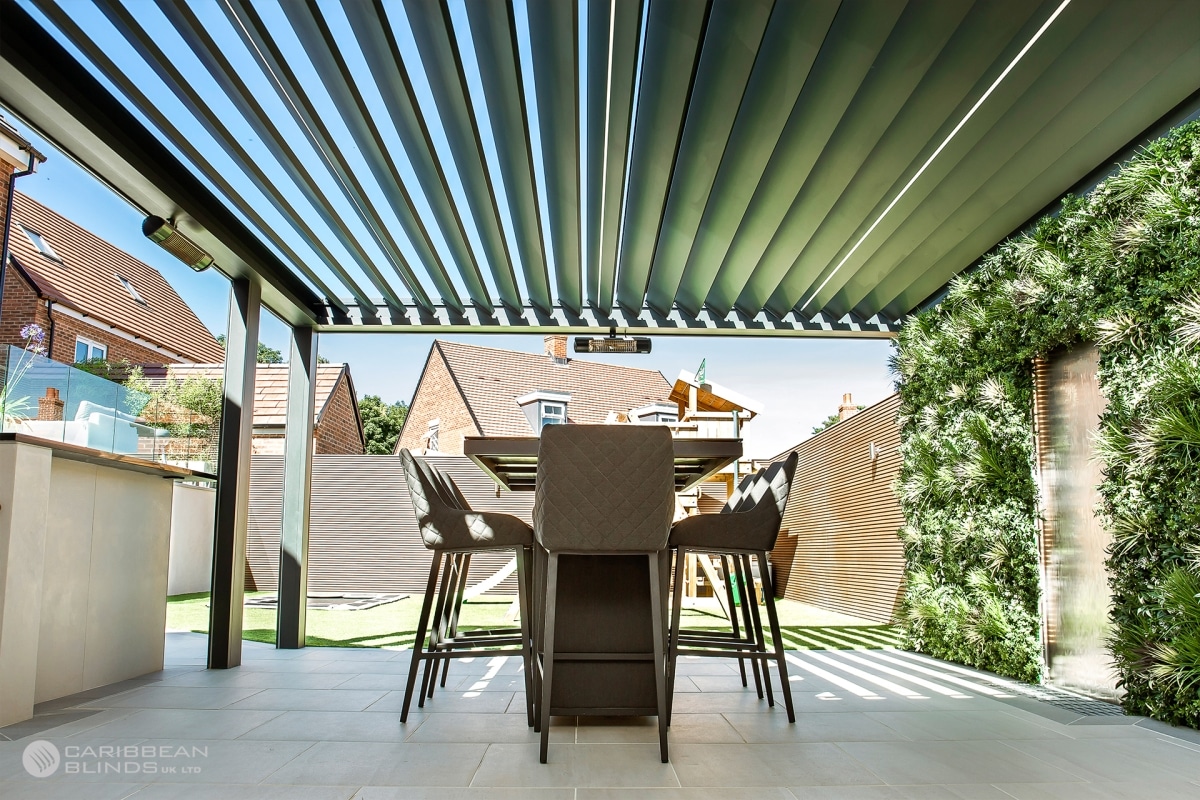 Our All Weather Outdoor Living Pod™ Caribbean Blinds