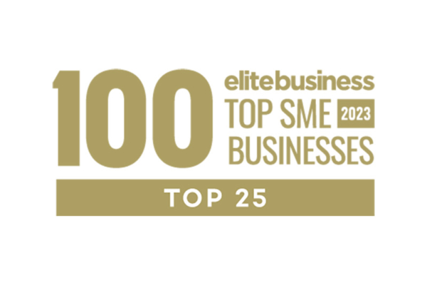 A bold gold "100" signifies ranking, accompanied by the text "elitebusiness TOP SME 2023 BUSINESSES TOP 25" in a structured format, indicating a prestigious business list on a white background.