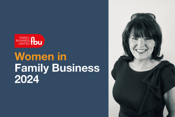 A smiling woman stands against a plain background. Text reads: "Family Business United fbu. Women in Family Business 2024."