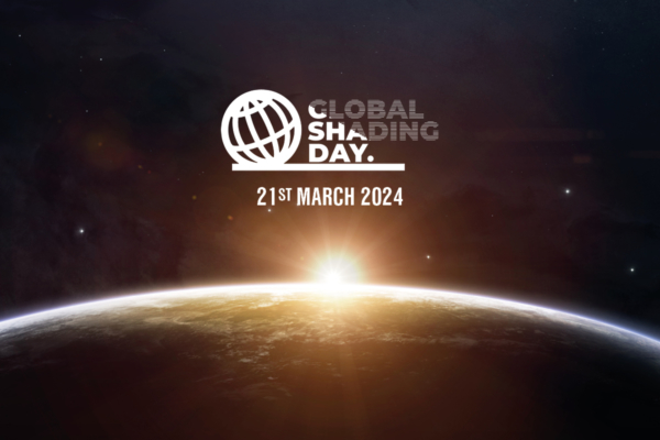 The sun rises over the Earth's horizon in space. Text reads: "GLOBAL SHADING DAY. 21ST MARCH 2024."