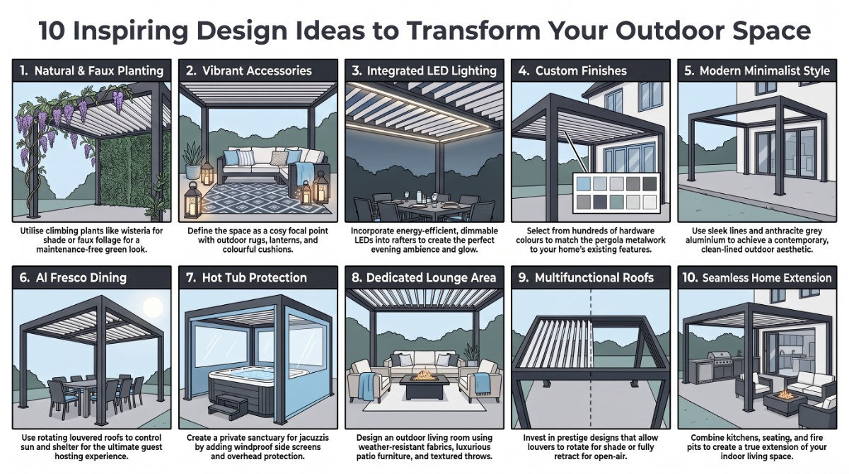 Infographic grid of ten pergola landscaping ideas including planting, LED lighting, dining areas, hot tub shelter and outdoor lounges