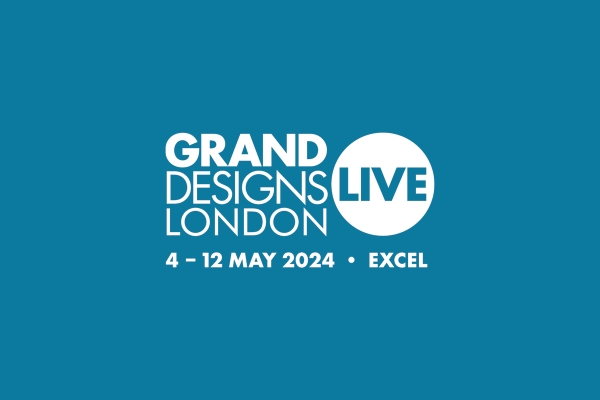 Text reads: "GRAND DESIGNS LIVE LONDON 4-12 MAY 2024 • EXCEL." Blue background, with white bold letters and a circular design around the word "LIVE."