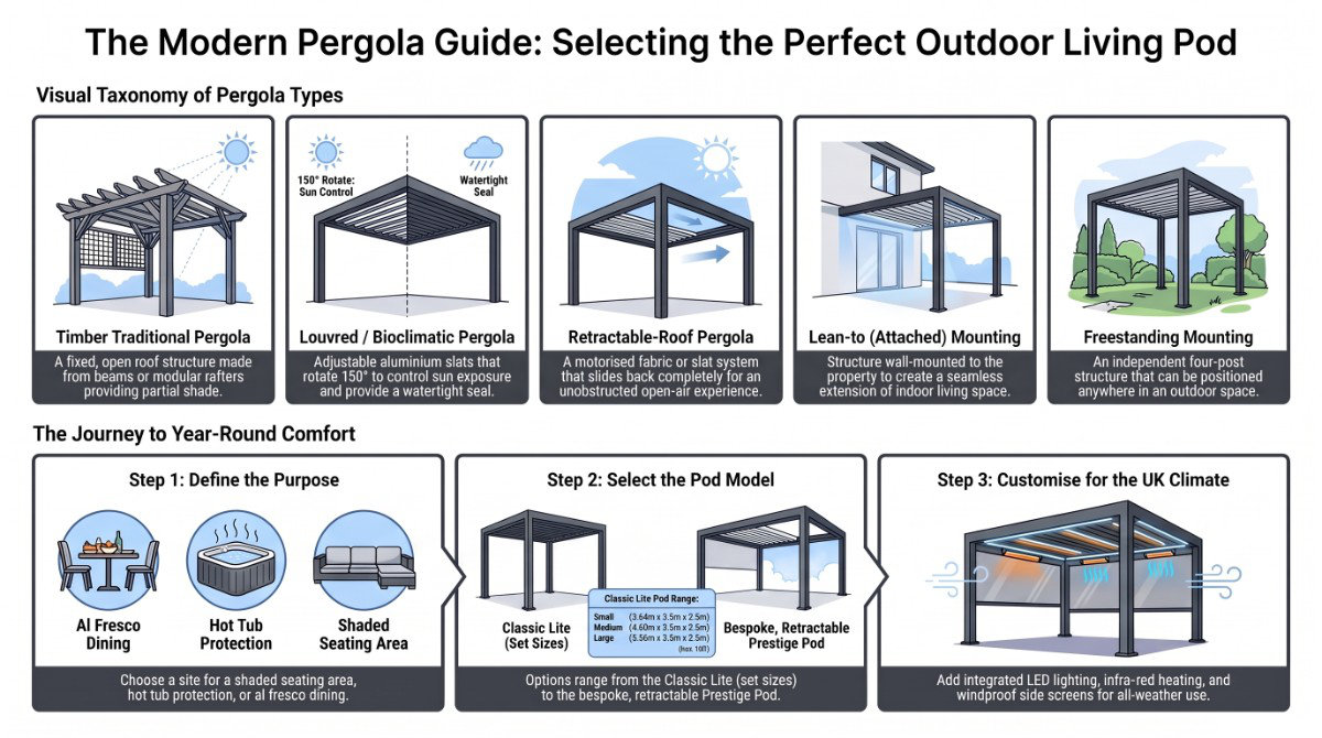 Infographic taxonomy of pergola types: timber traditional, louvred bioclimatic, retractable-roof, lean-to and freestanding