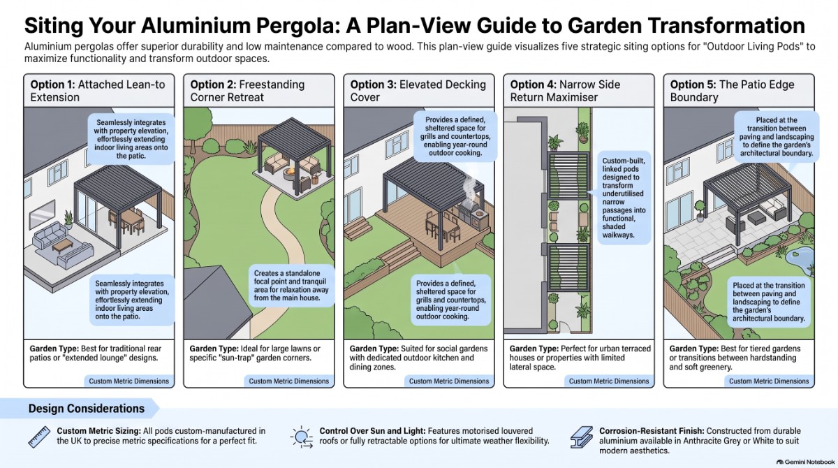 Plan-view infographic of five pergola layouts: rear elevation, corner, over decking, side return and patio edge, with dimensions
