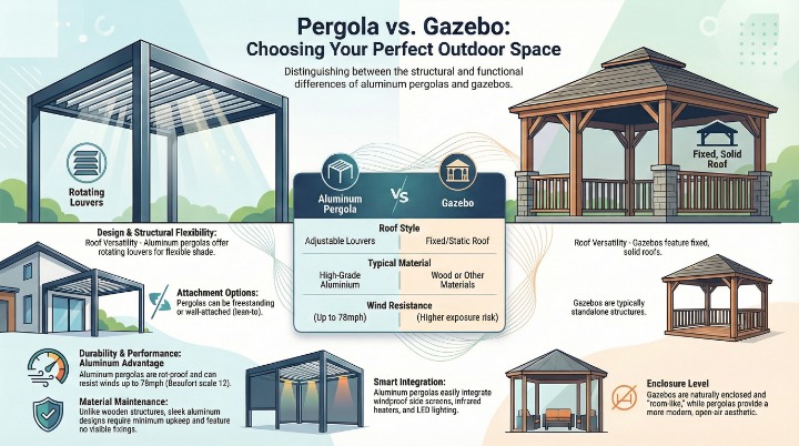 Compare pergolas vs gazebos with this comprehensive infographic. Learn about roof style, materials, wind resistance, and enclosure levels to pick your ideal outdoor structure.