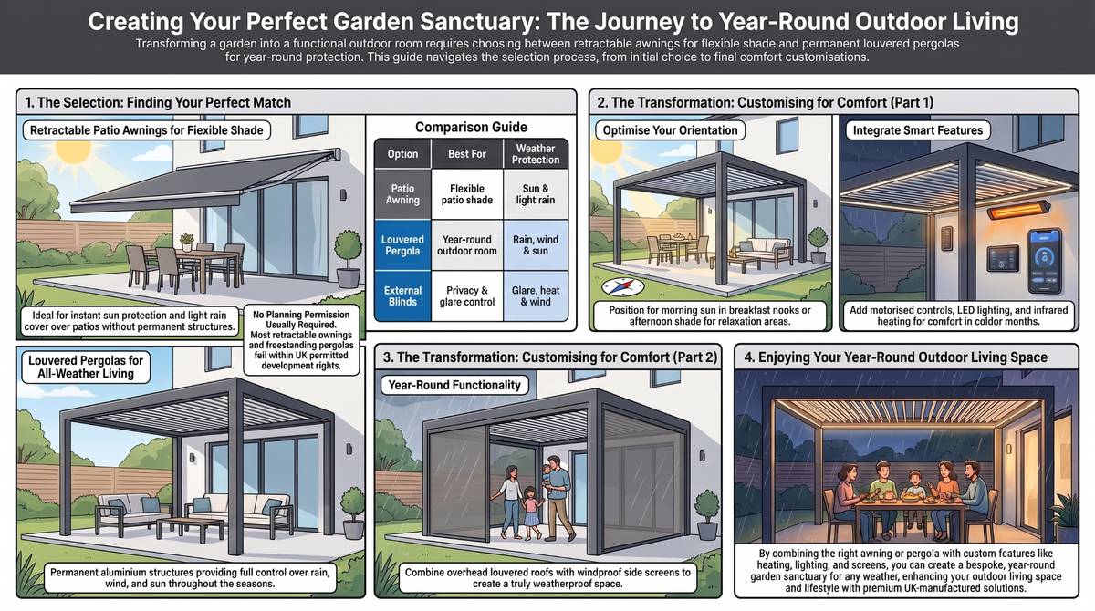 Infographic guide to choosing garden shade, comparing patio awnings, louvered pergolas and external blinds by best use and weather protection, with orientation, smart controls and side screen options
