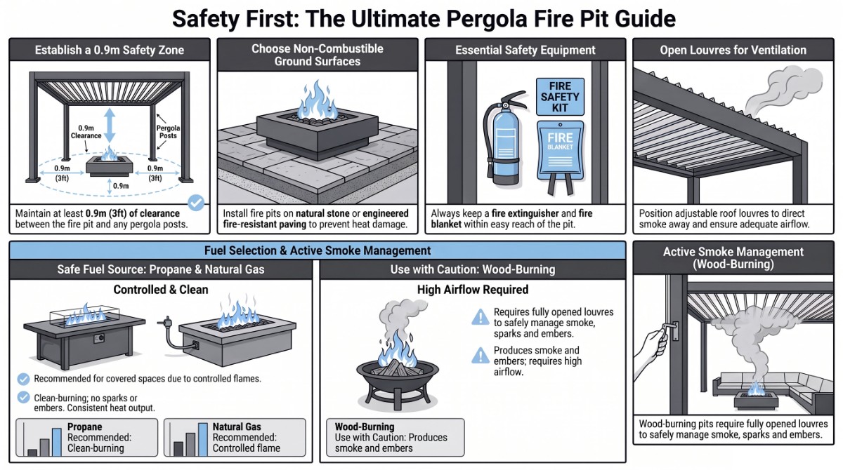 Safety diagram showing minimum fire pit clearances under a louvred pergola, ventilation louvre position and safe fire pit types