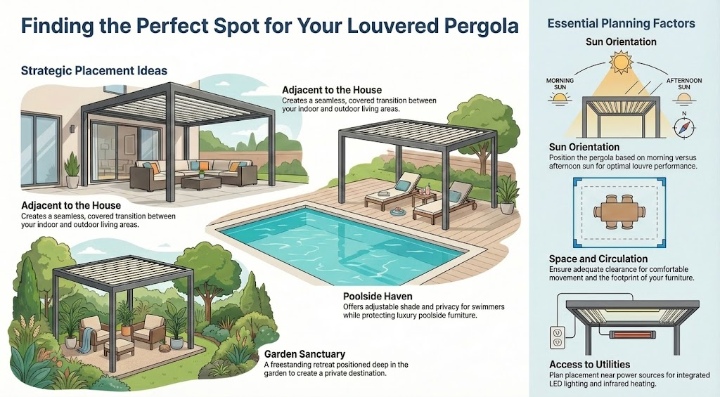 Discover strategic placement ideas and essential planning factors for your louvered pergola. Optimize sun, space, and access for the perfect outdoor living area.