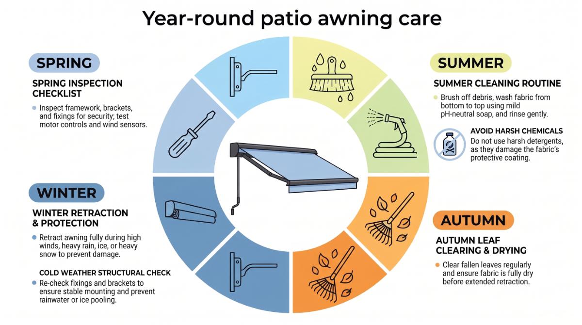 Year-round patio awning care calendar with spring, summer, autumn and winter maintenance tasks.