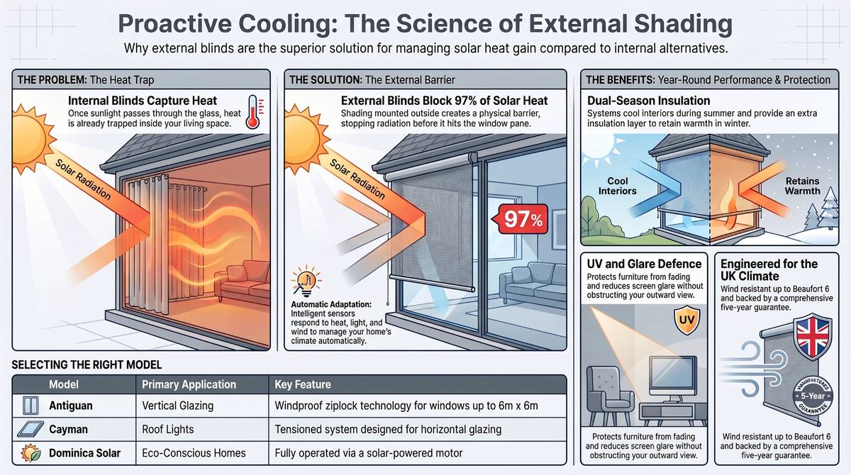 Infographic comparing internal blinds trapping heat indoors with external blinds blocking 97% of solar heat gain before it reaches the glass