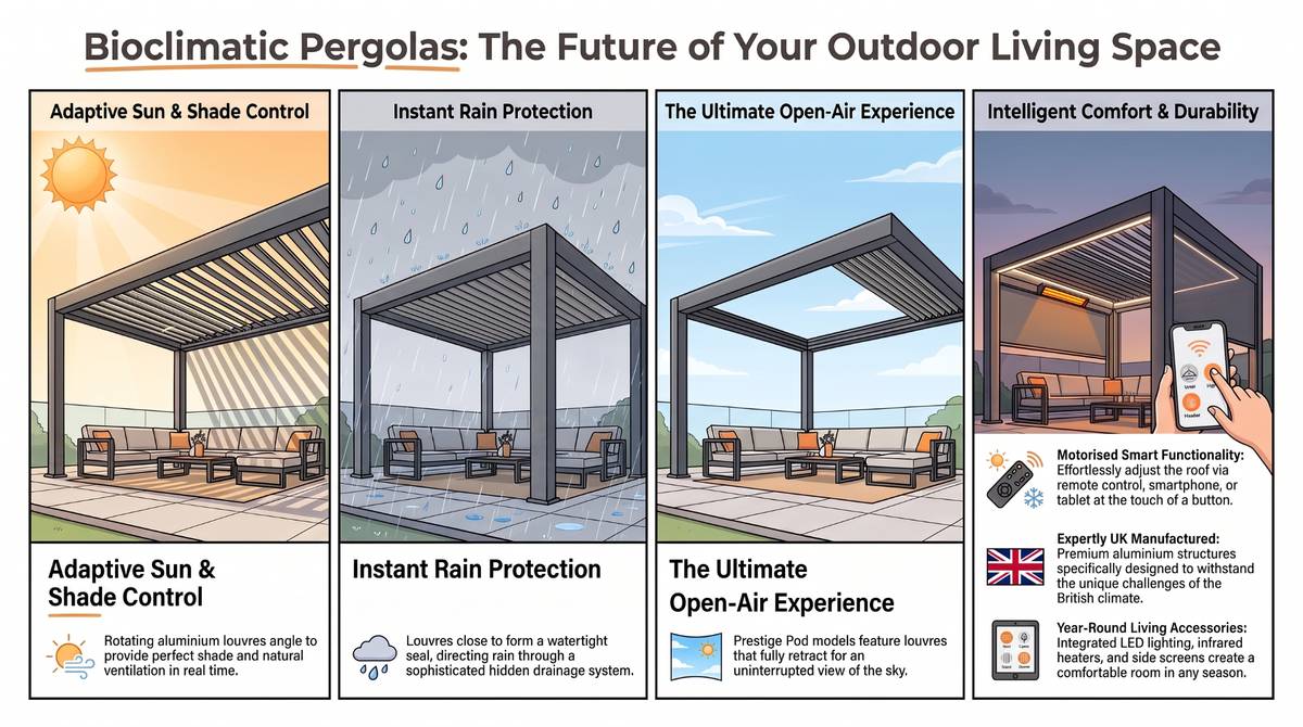 Cross-section diagram showing how a bioclimatic pergola works, with louvres open for ventilation, closed to form a watertight seal, and fully retracted