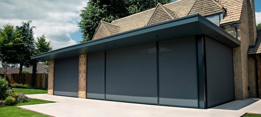 A modern building features large, gray retractable external blinds covering windows, set amidst a well-maintained lawn and garden with trees, under a clear sky. The structure has a stone facade.