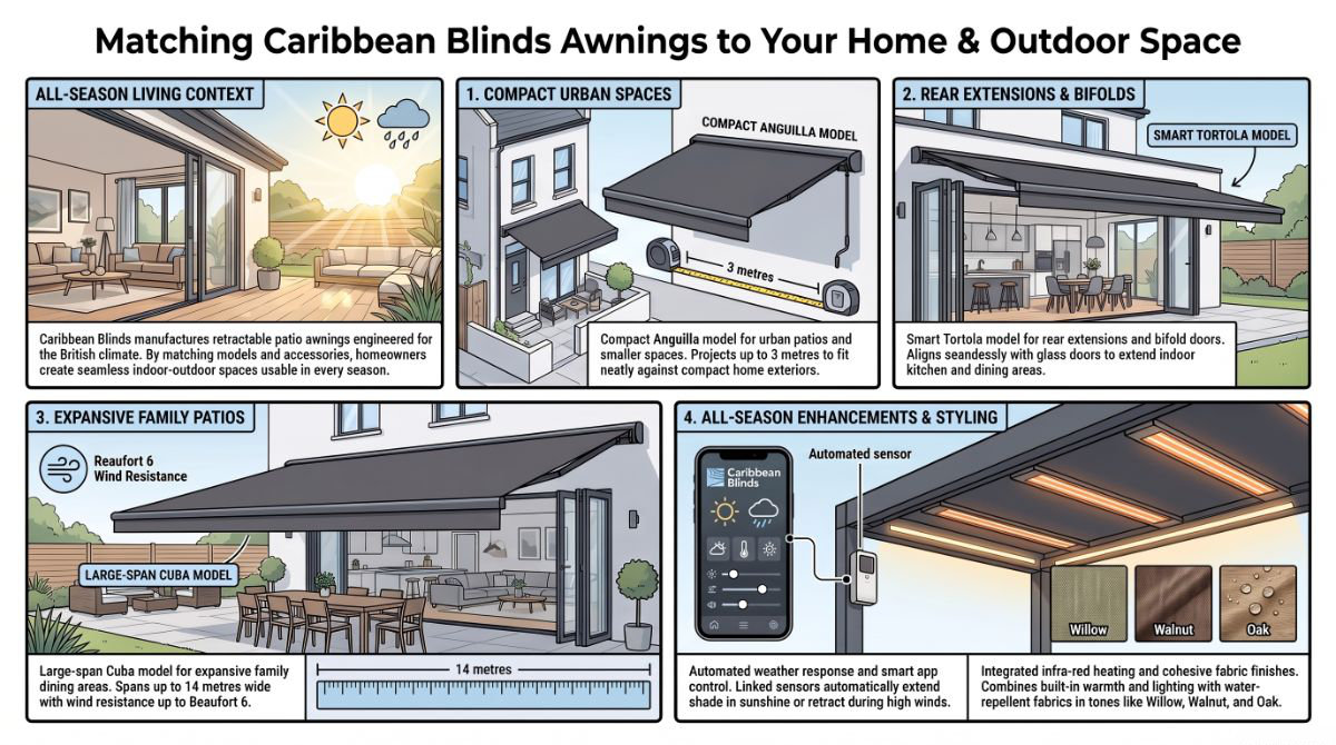 Infographic matching awning styles and fabrics to UK house types: Victorian terrace, 1930s semi, new build and bifold extension