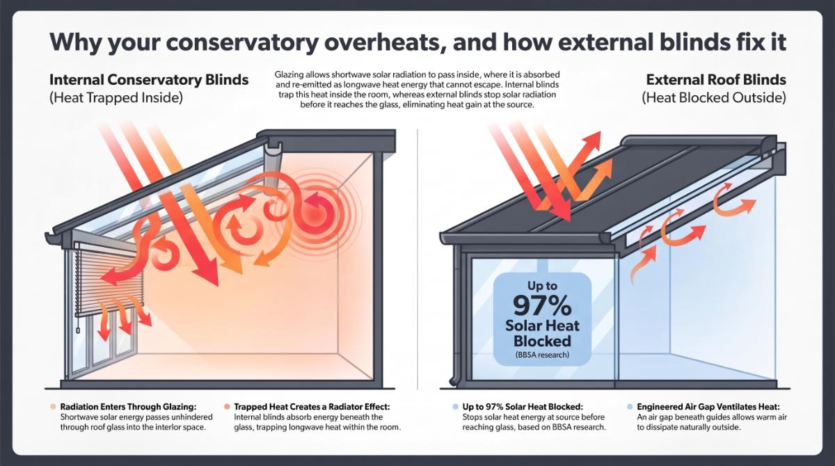 Why conservatories overheat: internal blinds trap heat inside, external roof blinds block up to 97% of solar heat before the glass.
